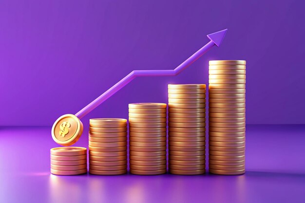 Фото 3d-лидерство для успешной новой идеи отличный инвестиционный бизнес график на фоне инвестиционного решения с 3d-денежными монетами и графической концепцией 3d-векторные денежные финансы рендеринга на фиолетовом фоне