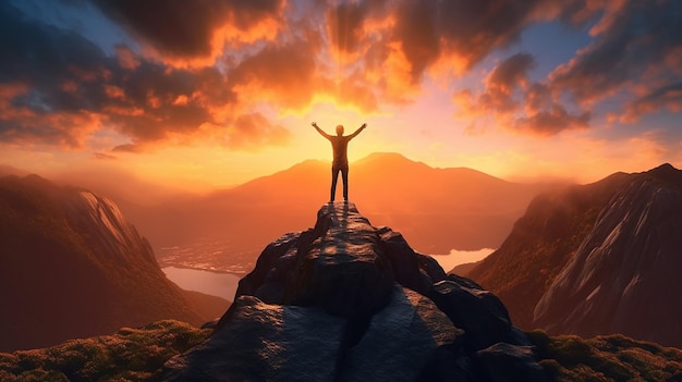 Фото Трехмерная мужская фигура с поднятыми руками стояла на горе на фоне заката.