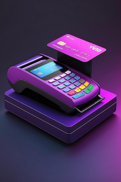 Фото 3d фиолетовый считыватель кредитных карт, касса, концепция онлайн-покупок, минимальный стиль