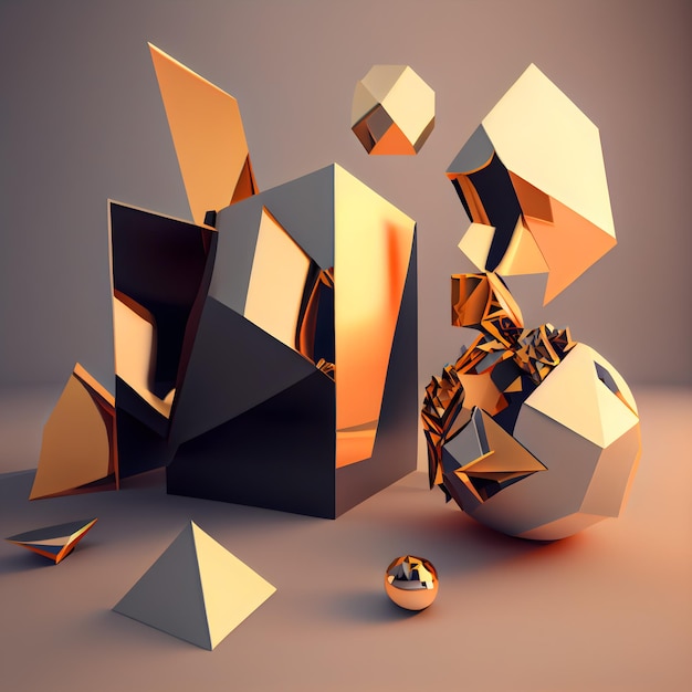 Photo 3d render of abstract geometric composition with golden and black elements