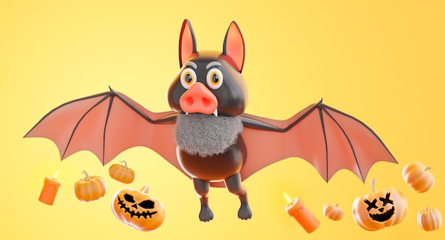 3D визуализация летучей мыши, летящей с концепцией хэллоуина, тыквы, свечи на оранжевом фоне