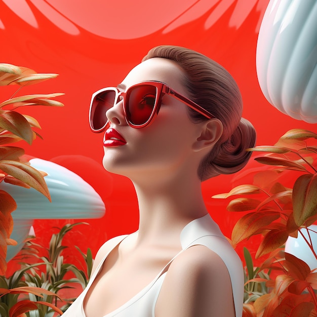 3d rendered A woman in red sunglasses and a tropical background