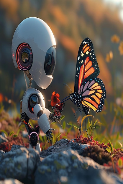 Photo 3d rendered a cute little robot playing with colorful butterfly illustration