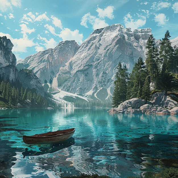 Фото 3d-фотографии живописи горного озера с горой на заднем плане