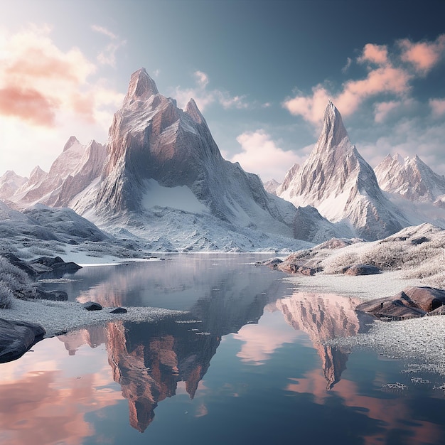 3D-рендеринг фотографии Фантастических гор с большим количеством снега и озера