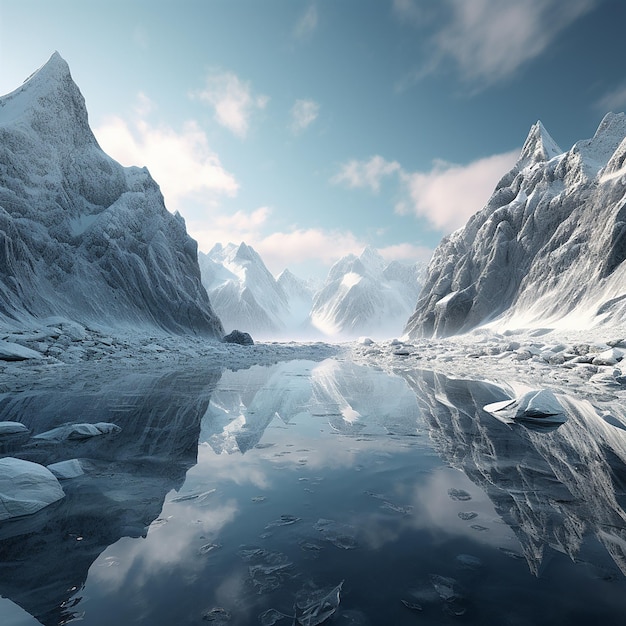 3D-рендеринг фотографии Фантастических гор с большим количеством снега и озера