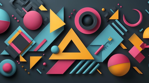 3D rendering of geometric shapes Pink blue and yellow balls and triangles on a dark background
