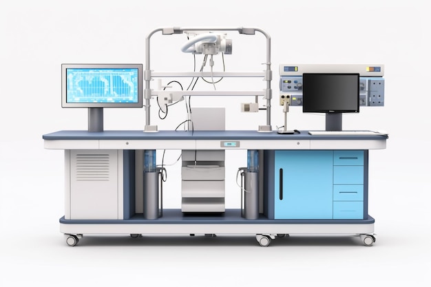 사진 carm 기계와 수술 로 ⁇ 으로 병원 수술실을 3d 렌더링합니다.
