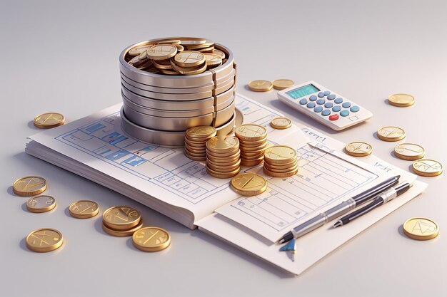 Фото 3d рендеринг контрольного списка и монеты концепция управления деньгами планирование налога изолирован на белом фоне 3d рендеринг иллюстрация в стиле мультфильма