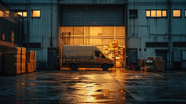 사진 상업용 배달 트럭의 3d 렌더링, 해가 지는 창고에서 비가 오는 날씨