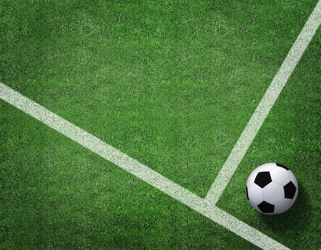 Фото 3d-рендеринг футбольного мяча с линией на футбольном поле
