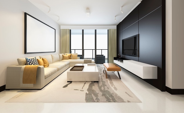 Foto rendering 3d di lusso e moderno soggiorno con divano in tessuto con cornice