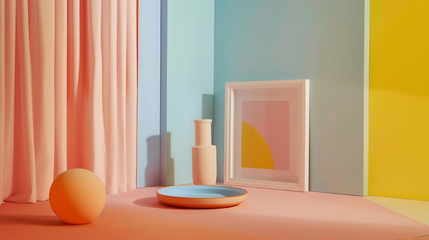 3D rendering of a room with a pink curtain blue and yellow walls and a white frame with a geometric shape on it