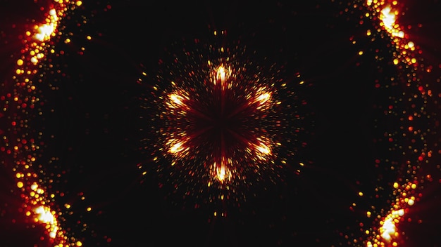 사진 검정색 배경 컴퓨터에 있는 황금 입자의 중심에서 나오는 3d 렌더링 방사선은 추상적인 배경을 생성합니다.