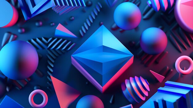 Photo 3d rendering of a variety of geometric shapes in blue purple and pink colors