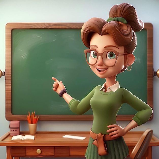 Фото Фон дня учителя иллюстрация мультфильма учительницы в классе, стоящая перед доской