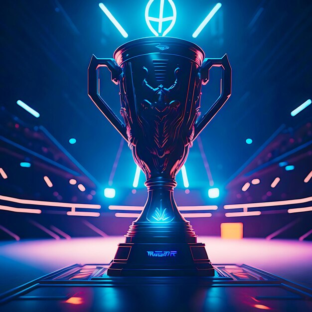 Фото Трофей победителя киберспорта стоит на неоновой блестящей сцене генеративного ии