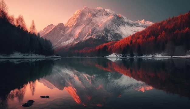 Фото Величественный горный массив отражается в тихом пруду на закате, созданном искусственным интеллектом