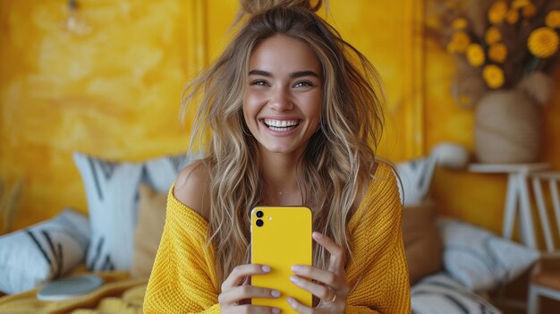 Фото Молодая женщина показывает пустой экран мобильного телефона, прыгая на желтом фоне студии коллаж панорамы полного тела с баннером в верхней части экрана и рекомендуя полезный мобильный