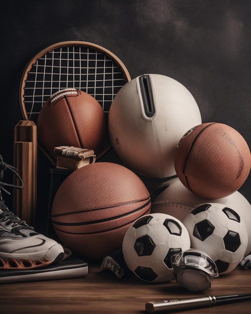 Фото На столе с генеративным искусственным интеллектом много разных типов спортивных мячей