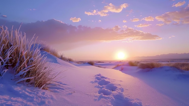 Это изображение красивого покрытого снегом пейзажа с заходящим солнцем