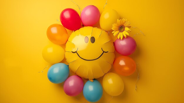 Фото Это яркое и красочное изображение улыбающегося солнца, сделанного из воздушных шаров. солнце окружено разнообразными красочными воздушными шарами разных размеров.