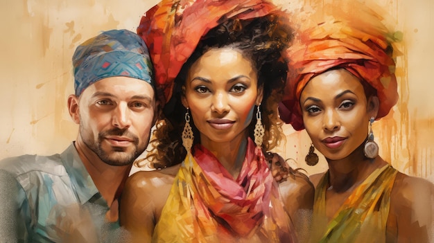 three women wearing colorful headscarves and scarves Three women adorned in vibrant headscarves and scarves