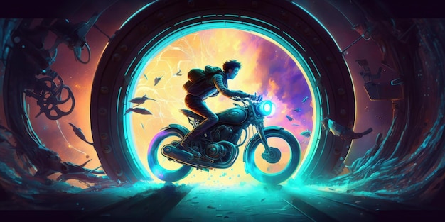 A time traveler riding motorcycle through time machine