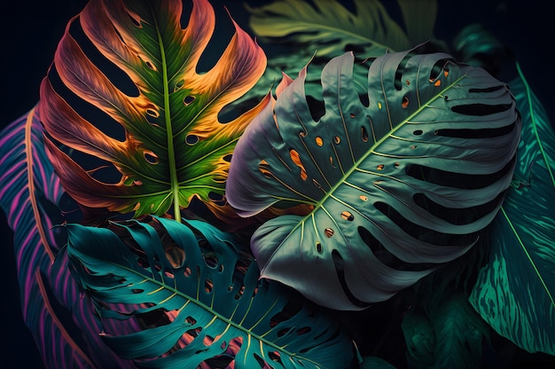 Тропическая листва джунглей Монстера оставляет крупным планом Ветвь пальмы на темном фоне