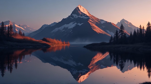 Фото Спокойная сцена отражения гор в сумерках, генеративный ии