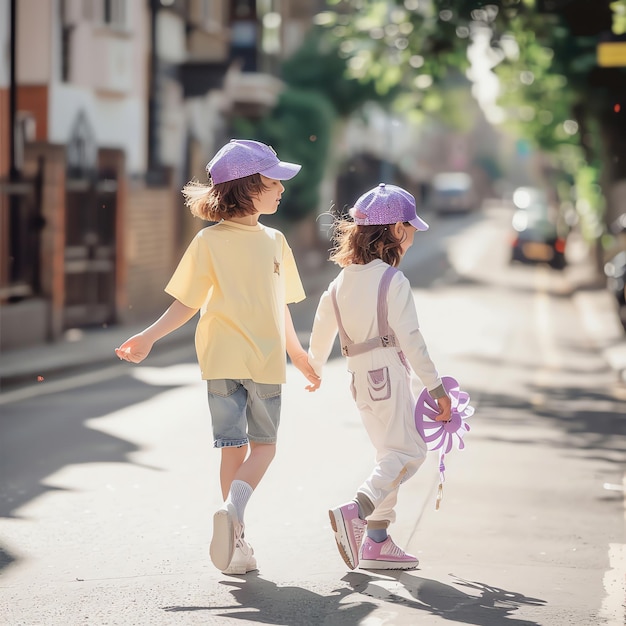Photo two children are walking down a street one of which has a purple hat on