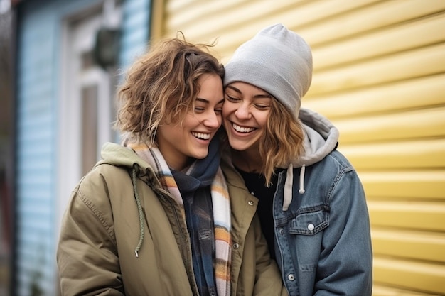 Фото Две привлекательные молодые женщины смеются на улице в обычной одежде.