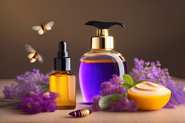 Two bottles and a pot of an organic skincare product with lavender and insects around