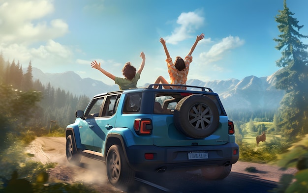 Фото Две девушки в машине с поднятыми руками ездят летом