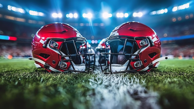 Photo two football helmets on field