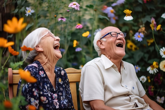Two older people laughing in a garden