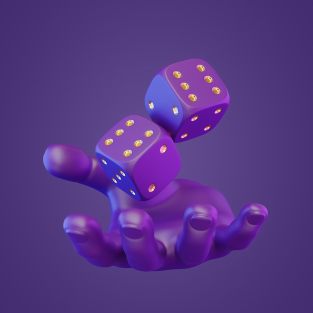 Фото Две катящиеся игральные кости с рукой на фиолетовом фоне. счастливые кости. настольные игры 3d рендеринг.