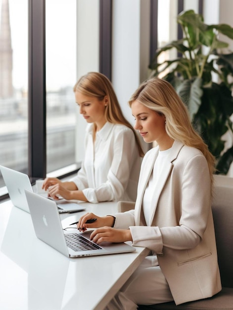 Фото Две женщины в белых рубашках работают на ноутбуках перед окном