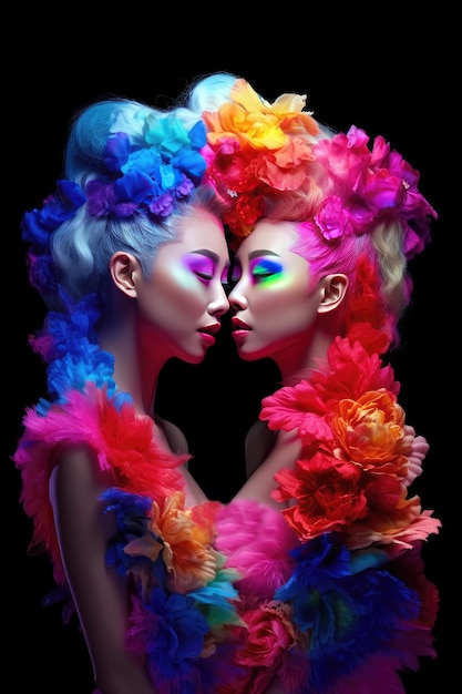 Две женщины с радужными волосами и словом "любовь" на лице