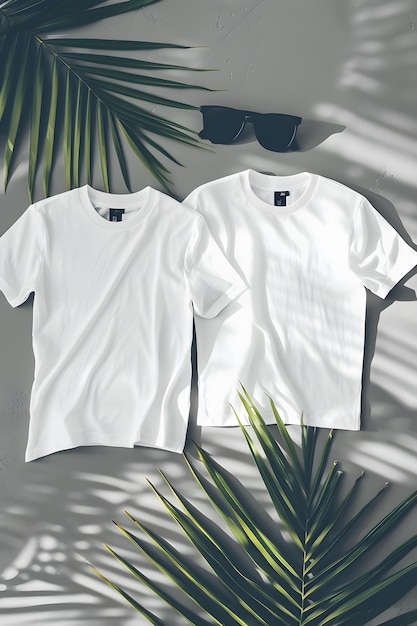 Photo two white shirts with a black logo and a pair of sunglasses