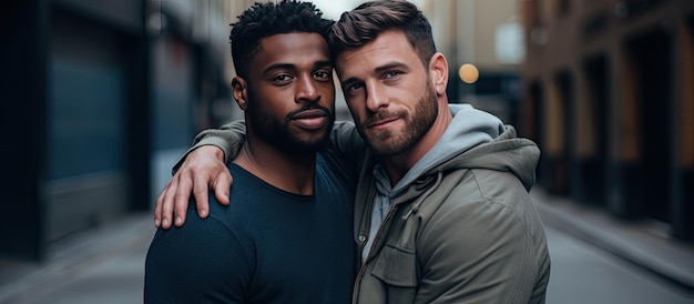 Foto twee mannelijke vrienden knuffelen buiten in de stadsruimte voor tekst
