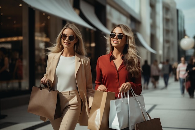 Twee mooie vrouwen winkelen in de stad.