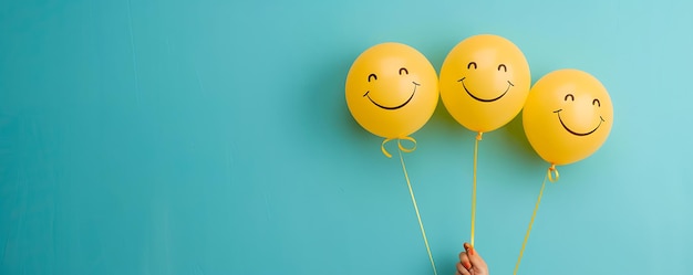 Foto twee gele ballonnen met een die zegt glimlachende gezichten op hen
