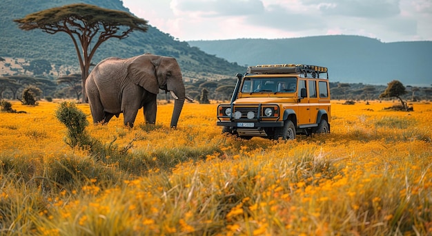 Туристы в машине наблюдают за слонами в дикой природе во время сафари-отпуска expetienceMacroAI Generative