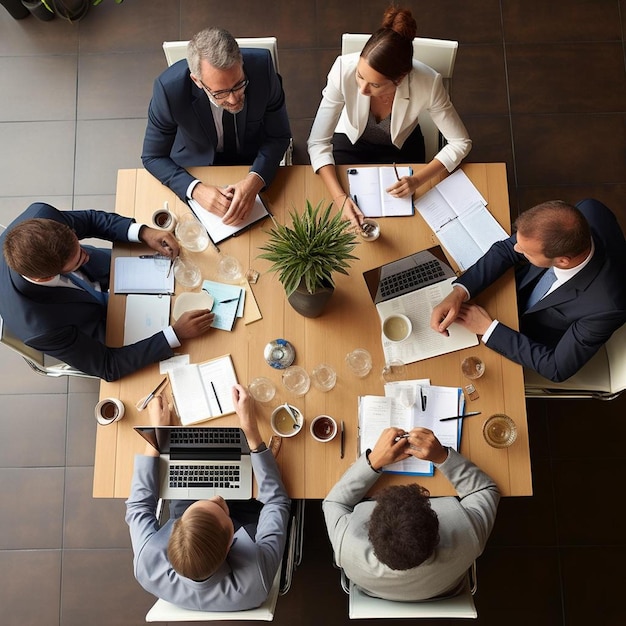 Foto uitzicht van bovenaf zakenmensen die een vergadering op kantoor plannen