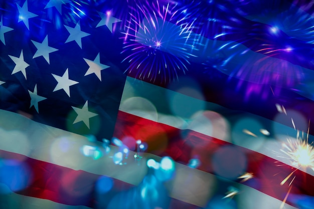 Photo us flags with fireworks collage