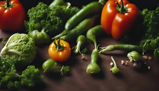 Фото Разнообразие свежих овощей на темном фоне концепция здорового питания