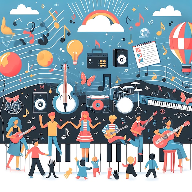 Векторная красочная иллюстрация людей, играющих музыку, и красочный фон с