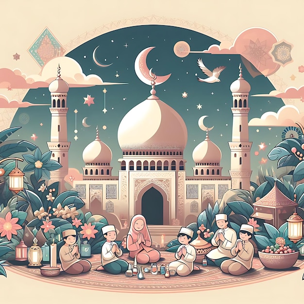 вектор idul fitri изображение мечети с мечетью и птицей, летящей над ней