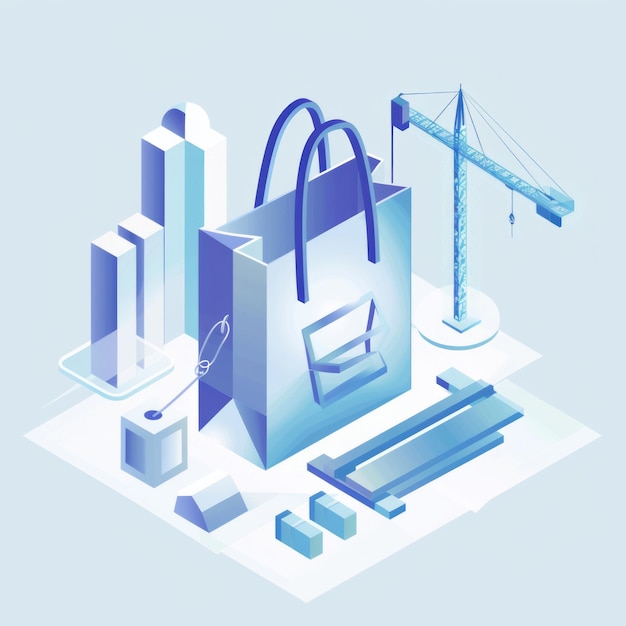 Photo vector isometric illustration of a shopping bag and crane on a blue background